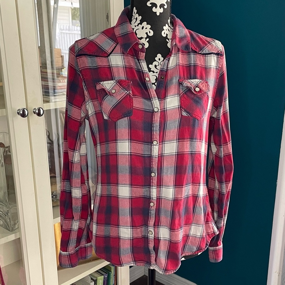 Mossismo Plaid Snap-Front Button Down Western Style Long Sleeve Top​